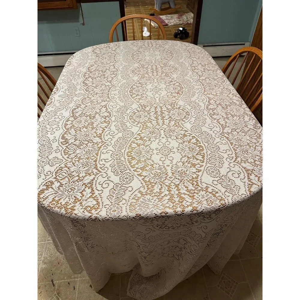 Extra Large Cream Lace Tablecloth Baroque Oval Oblong Flaws 124x65
